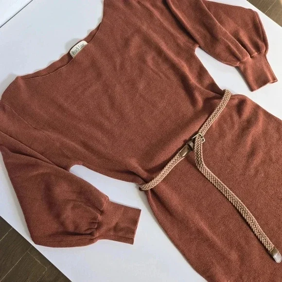 Peach Love terracotta orange sweater dress puff long sleeve knit sz M - Picture 9 of 10